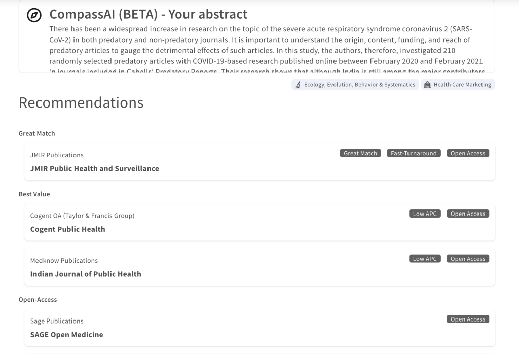 Screenshot of the CompassAI beta interface displaying a text field for users to paste their abstract and a list of journal recommendations categorized as Great Match, Best Value, and Open Access.