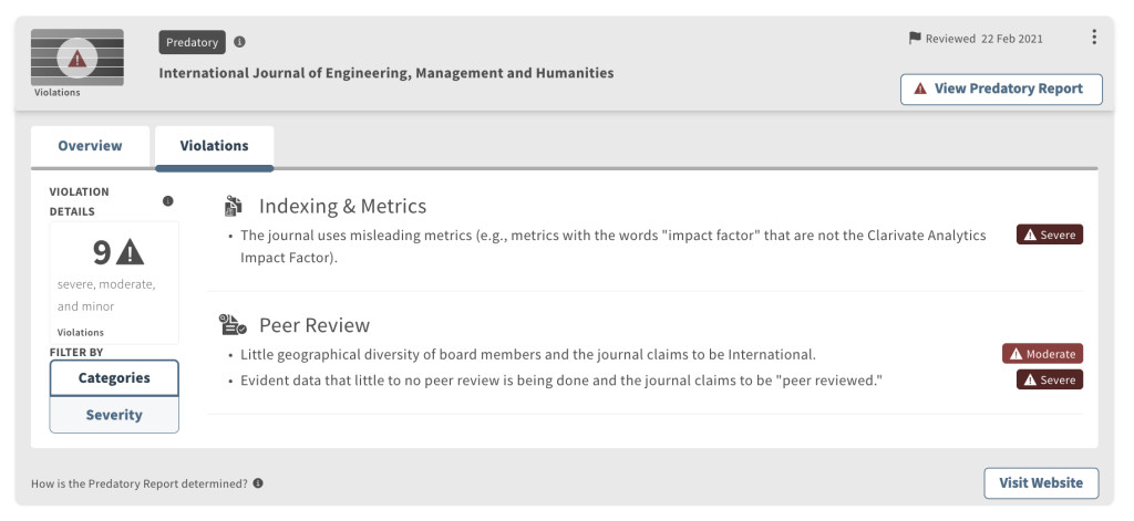 Screenshot of a predatory journal's violations report detailing issues with indexing metrics and peer review processes for the International Journal of Engineering, Management and Humanities.