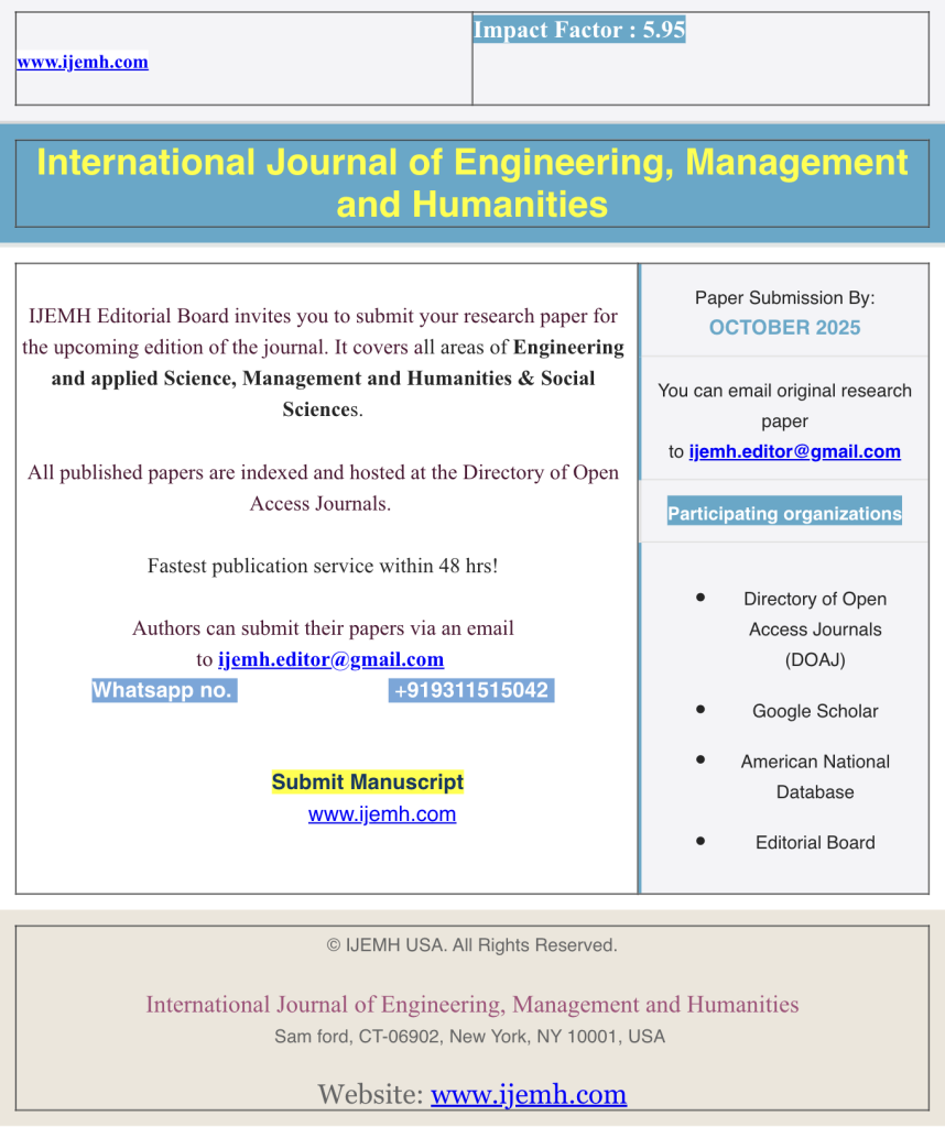 Email solicitation from the International Journal of Engineering, Management and Humanities, inviting research paper submissions, highlighting a supposed impact factor and fast publication service.