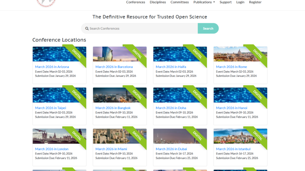 A webpage displaying various conference locations for March 2026, featuring digital formats. Each entry lists the event date and submission deadlines, with cities including Arizona, Barcelona, Taipei, and more.