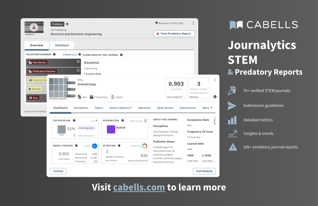 Screenshot of Cabells Journals Analytics interface, displaying metrics for a STEM journal in Electrical and Electronic Engineering, including peer review status, publication practices, acceptance rate, and smart citations.