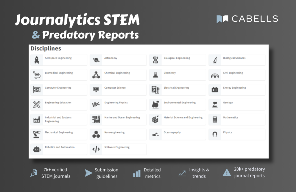 Infographic showcasing 'Journalytics STEM & Predatory Reports' by Cabells, illustrating various academic disciplines including Engineering, Sciences, and Mathematics.