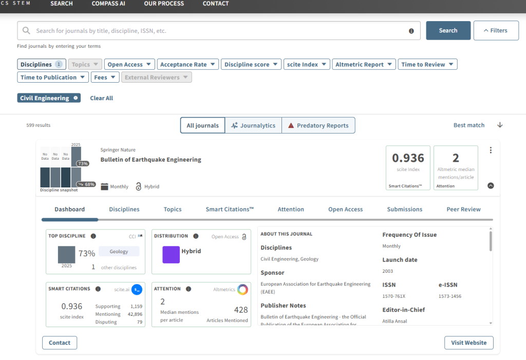 Screenshot of a journal search interface for the 'Bulletin of Earthquake Engineering' featuring details like discipline snapshot, scite index, and access type.