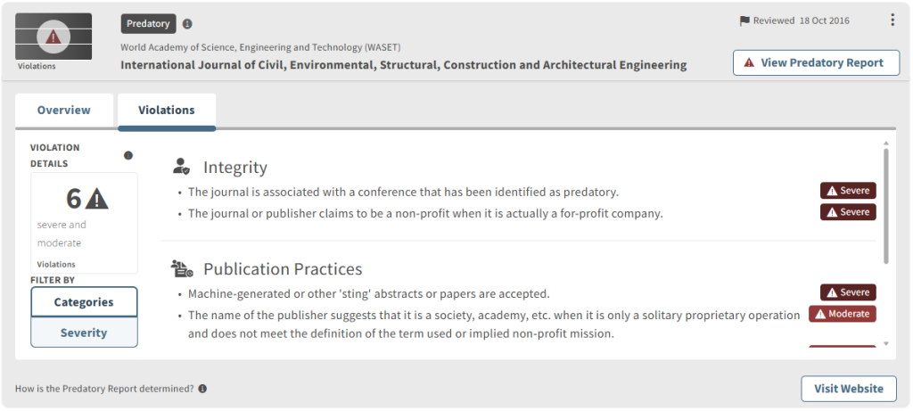Overview of violations for the International Journal of Civil, Environmental, Structural, Construction and Architectural Engineering, indicating it has been identified as predatory, with details on integrity and publication practices.