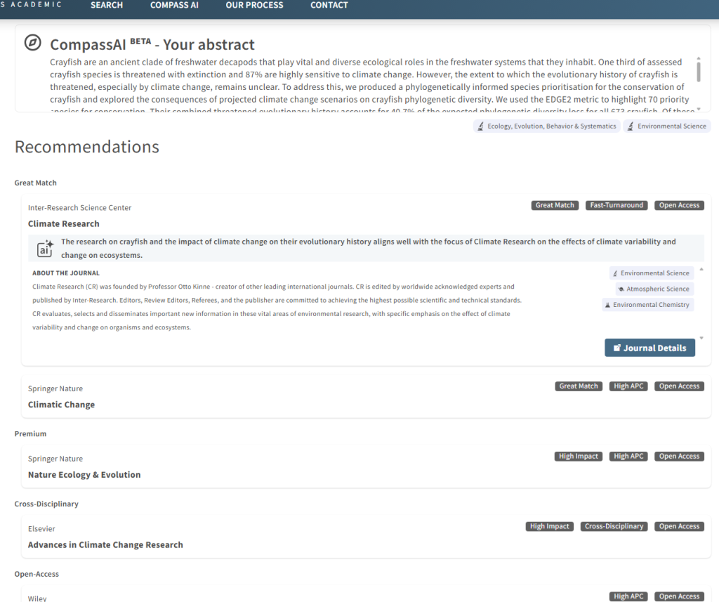 Screenshot showing CompassAI journal recommendations based on a submitted research abstract. 
