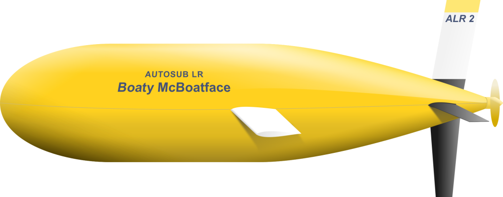 A side view illustration of a yellow underwater drone labeled 'Boaty McBoatface' with the designation 'AUTOSUB LR' and a propeller.