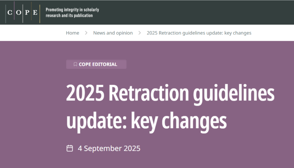 A screenshot of COPE's 2025 Retraction guidelines update: key changes website header.