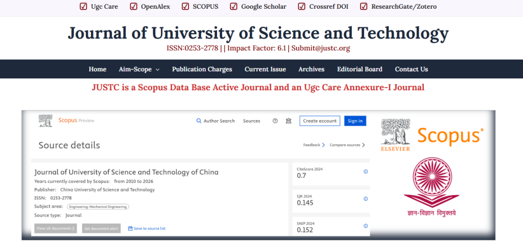 A screenshot from justc.org with information hijacked from Scopus listing of the legitimate Journal of University of Science and Technology of China.