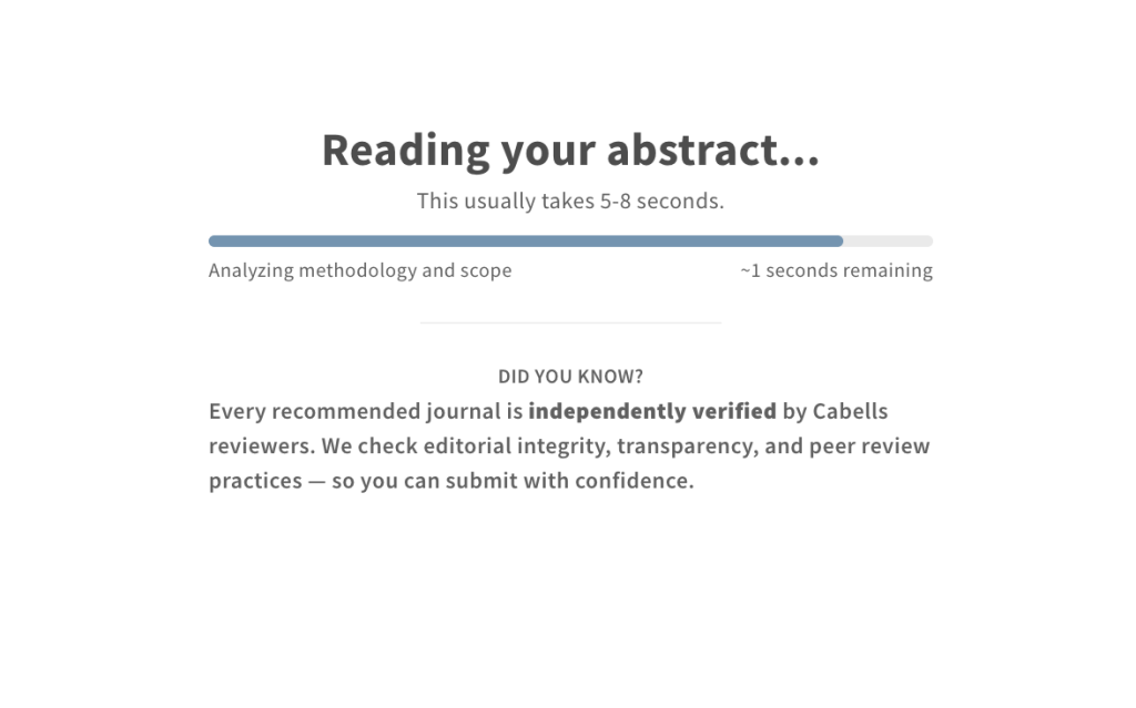 Loading screen with the message 'Reading your abstract...', indicating analysis time of 5-8 seconds, with a progress bar and information about journal verification by Cabells reviewers.