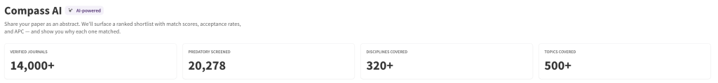 Compass AI interface displaying metrics: over 14,000 verified journals, 20,278 predatory screened, 320+ disciplines covered, and 500+ topics covered.
