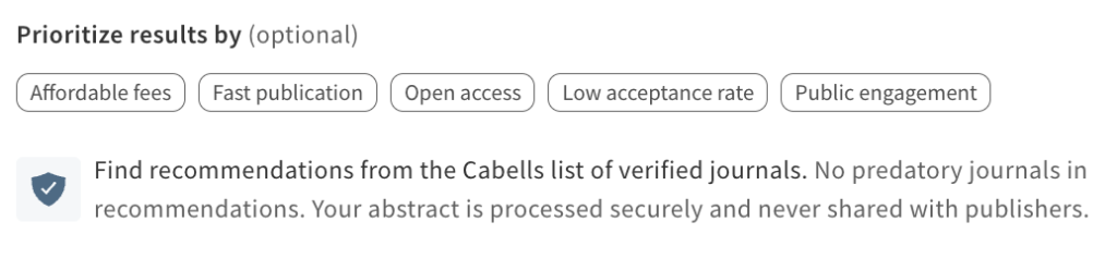 User interface for prioritizing results by various criteria including affordable fees, fast publication, open access, low acceptance rate, and public engagement, along with a note about Cabells' verified journals.